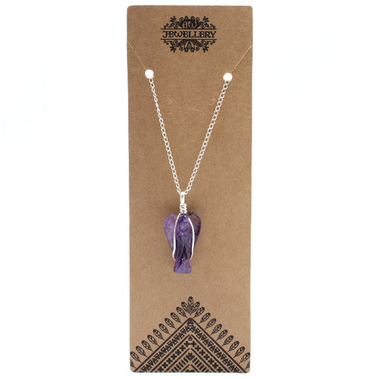 Necklace with a purple pendant on a brown card with 'Jewellery' branding.