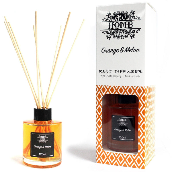 Reed diffuser with packaging labeled 'Orange & Melon' on a white background