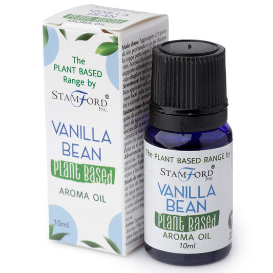 Vanilla bean aroma oil bottle and packaging by Stamford Inc. on a white background