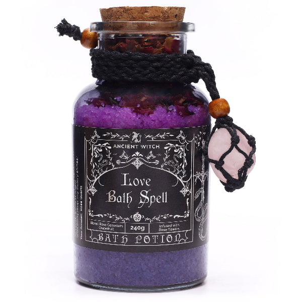 Bath potion labeled 'Love Bath Spell' from Ancient Witch on a white background