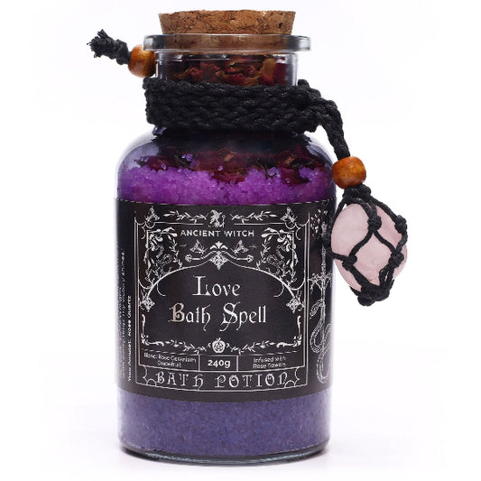 Bath potion labeled 'Love Bath Spell' from Ancient Witch on a white background