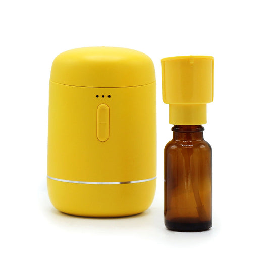 Yellow container and brown bottle with yellow cap on a white background