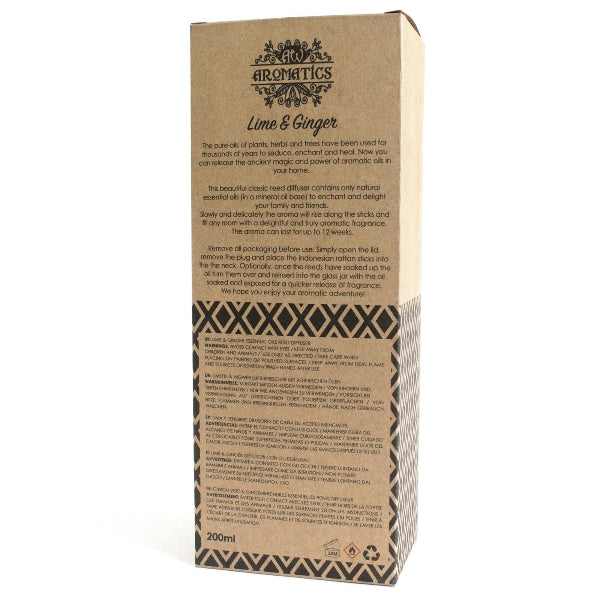 Aromatics Lime & Ginger essential oil packaging with text and branding on a white background