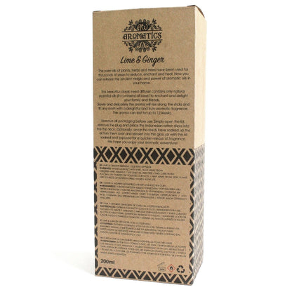 Aromatics Lime & Ginger essential oil packaging with text and branding on a white background