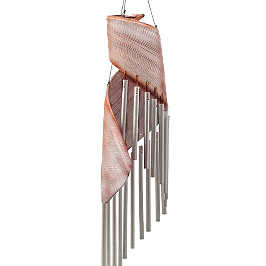 Decorative wind chime with wooden top and metal tubes on a white background