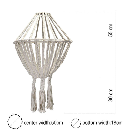 Macrame wall hanging with dimensions on a white background