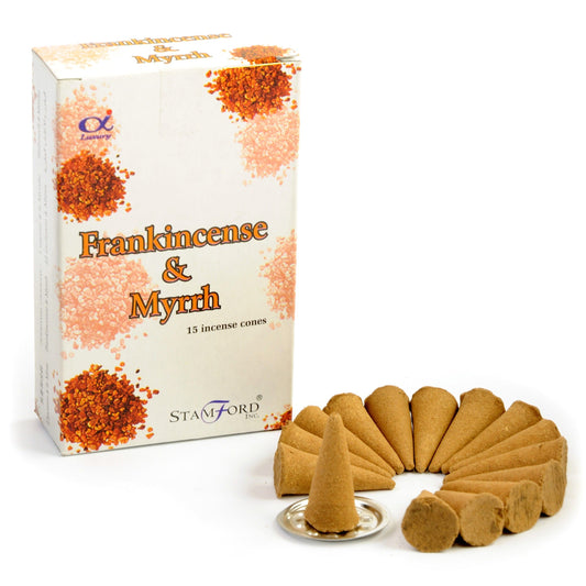 Stamford Frankincense & Myrrh incense cones with packaging on a white background