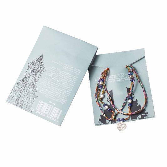 Colorful beaded necklace on a branded card with a white background