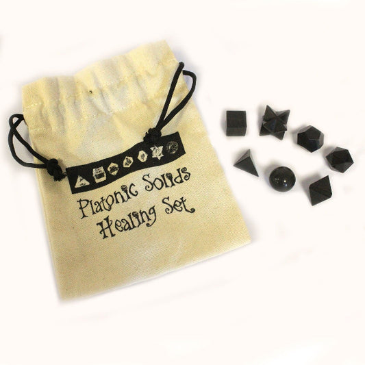Platonic Solids Healing Set with stones and drawstring bag on a white background