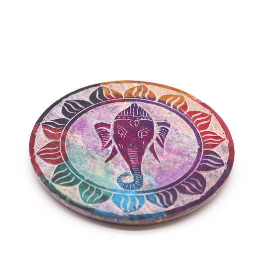 Round coaster with elephant design on a white background