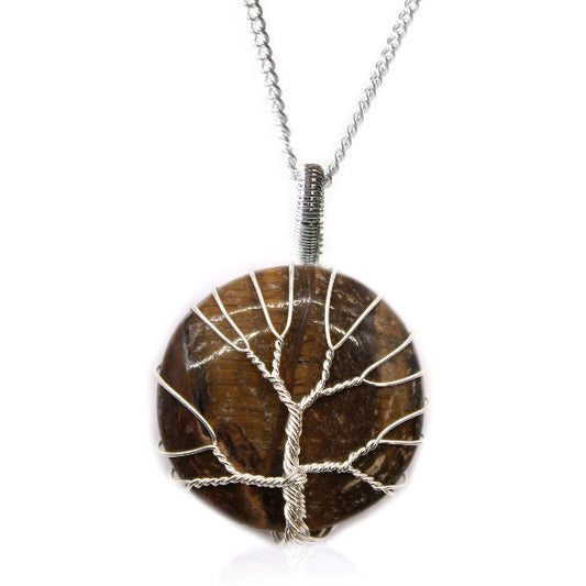 Brown stone pendant with silver wire wrapping on a white background