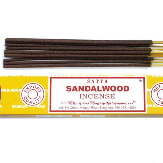 Satya Sandalwood incense sticks with packaging on a white background