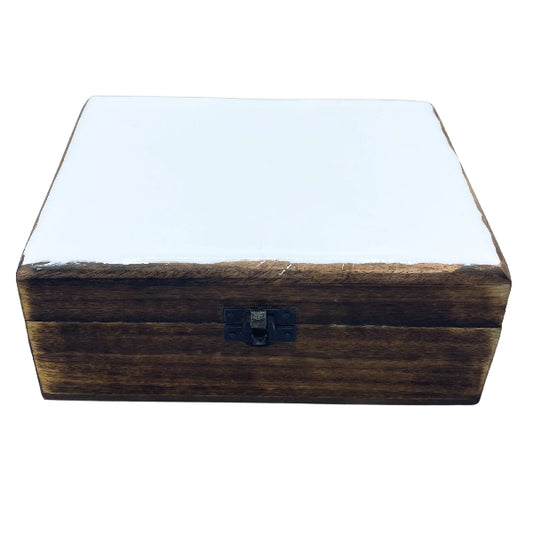 Wooden box with a glass top on a white background
