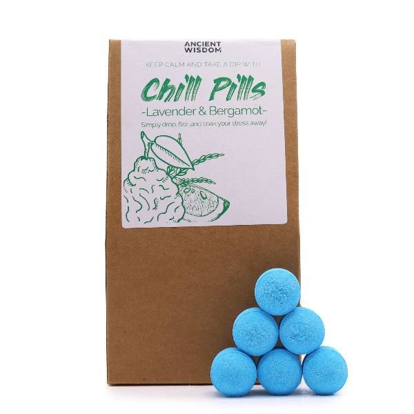 Blue balls labeled 'Chill Pills' with a brown box on a white background