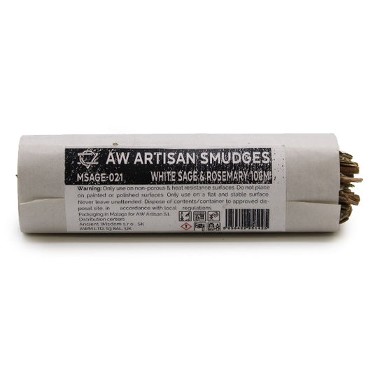 Artisan smudge sticks in a cylindrical packaging with branding and product details.