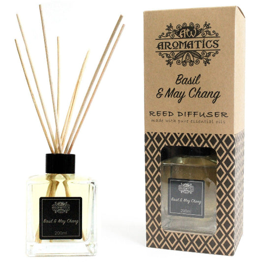 Reed diffuser with basil and may chang scent next to its packaging on a white background