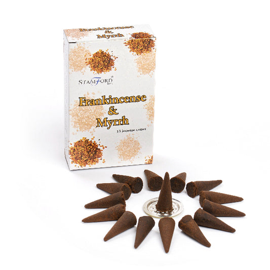Incense cones with Stamford Frankincense & Myrrh packaging on a white background