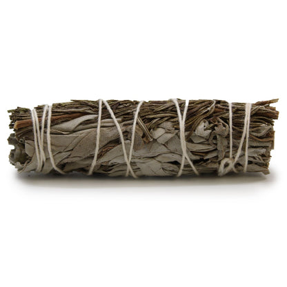 Bundled sage smudge stick on a white background