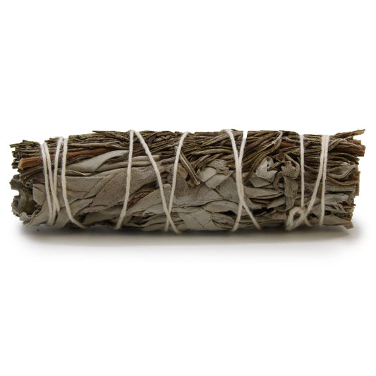Bundled sage smudge stick on a white background