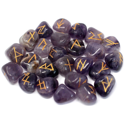 Amethyst runes with gold symbols on a white background