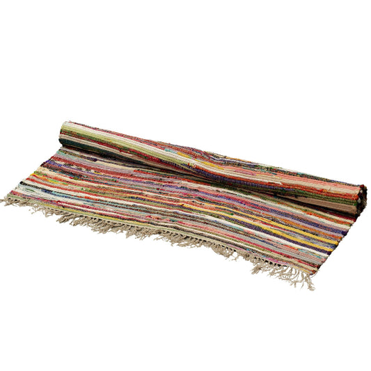 Multicolored striped rug with fringes on a white background