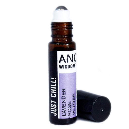 Roll-on bottle with lavender, rose, vetiver scent on a white background