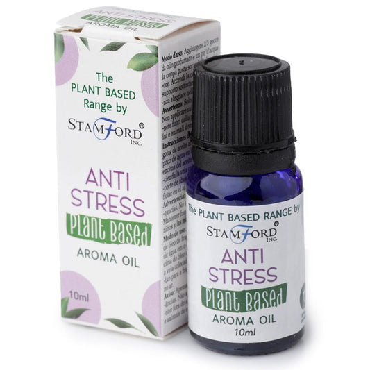 Anti Stress plant-based aroma oil bottle and packaging by Stamford Inc. on a white background