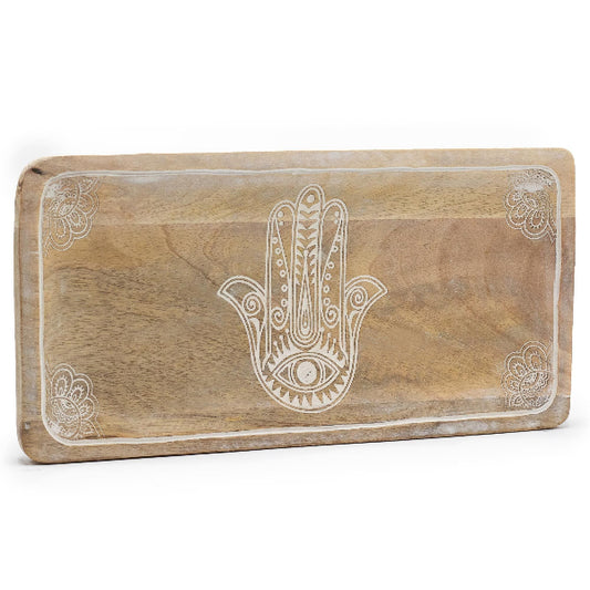 Wooden tray with Hamsa hand design on a white background