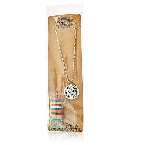 Necklace with a round pendant on a branded card with a white background