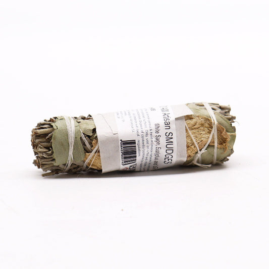 Rolled sage smudge stick with a label on a white background