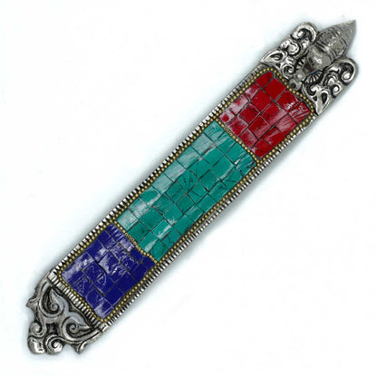 Decorative incense holder with colorful mosaic design and silver embellishments on a white background
