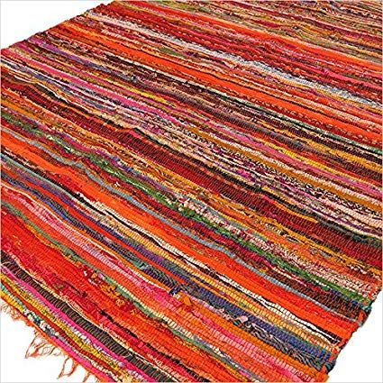Multicolored woven rug with a vibrant pattern