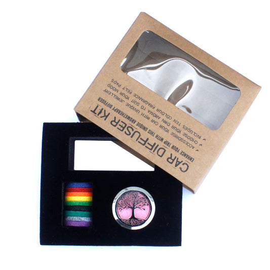 Car diffuser kit with rainbow strip and tree of life design in packaging