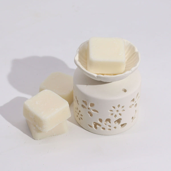 White ceramic container with cut-out design holding a bar of soap on a light background