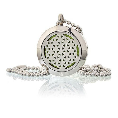 Silver pendant with geometric design on a white background