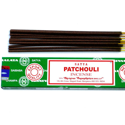 Satya Patchouli incense sticks with packaging on a white background