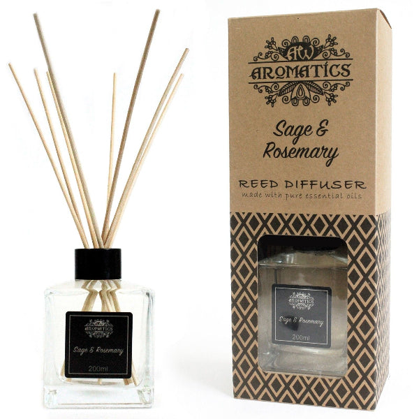Reed diffuser with packaging labeled 'Sage & Rosemary' by 'AW Aromatics' on a white background.
