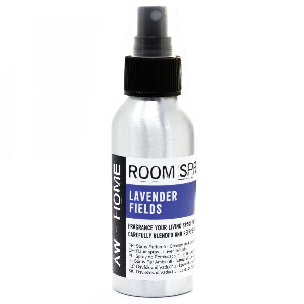 Room spray bottle labeled 'Lavender Fields' on a white background