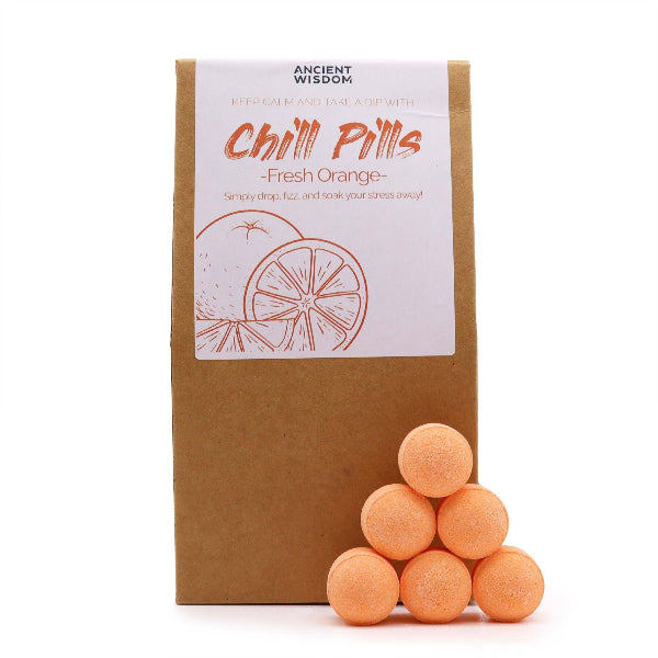 Packaging of 'Chill Pills' with orange balls on a white background