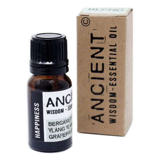 Essential oil bottle with a label and box labeled 'Ancient Wisdom' on a white background
