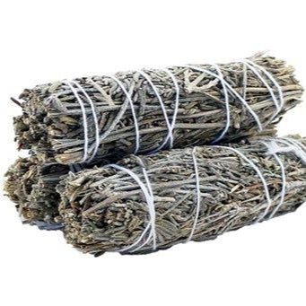 Two bundles of sage smudge sticks tied with white string on a white background