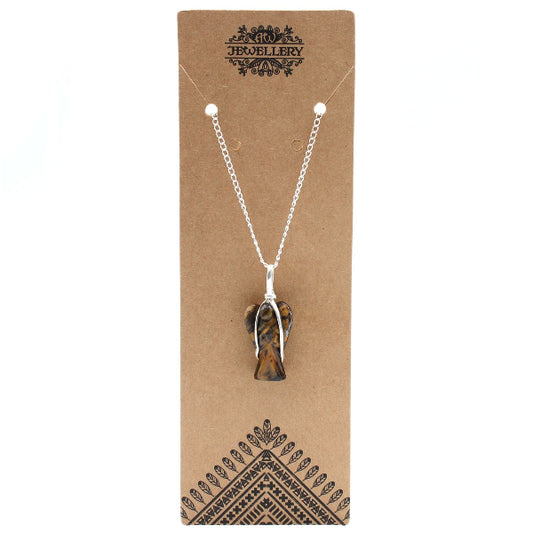 Necklace with a tiger eye pendant on a brown jewelry card