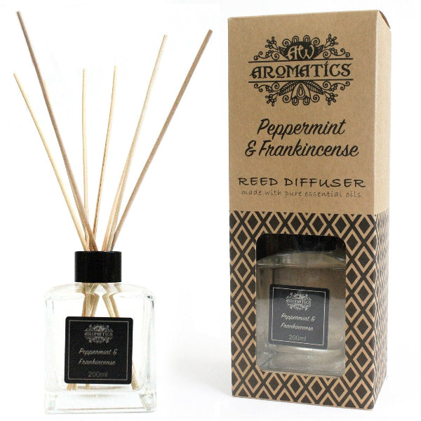 Reed diffuser with peppermint and frankincense scent next to its packaging on a white background