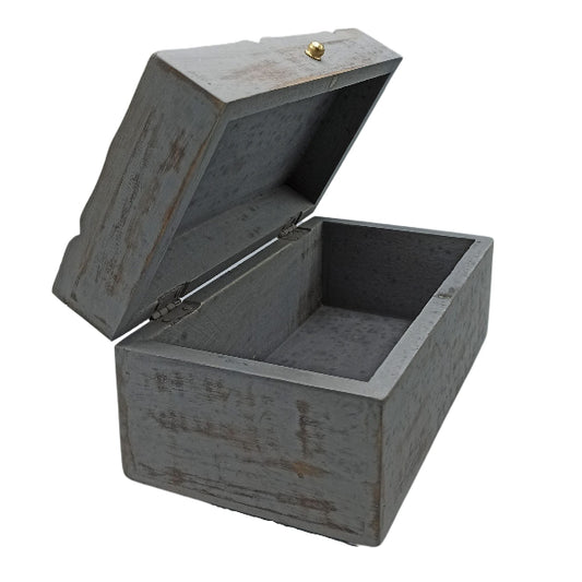 Open wooden box with a metallic interior on a white background