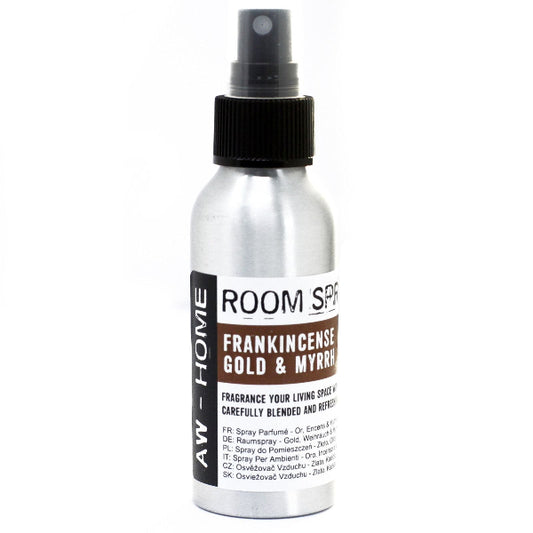 Room spray bottle labeled 'Frankincense Gold & Myrrh' on a white background