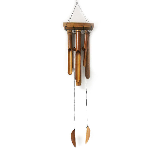 Wooden wind chime with three tubes and two wooden pendants on a white background