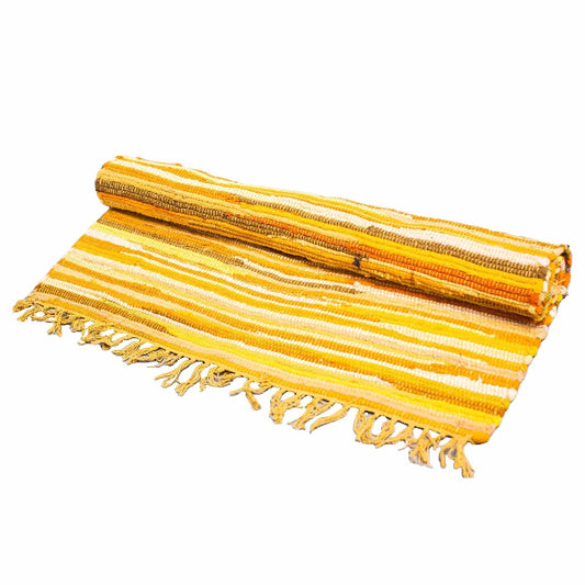 Yellow striped towel with fringes on a white background
