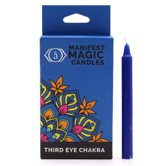 Manifest Magic Candles packaging with a blue candle on a white background