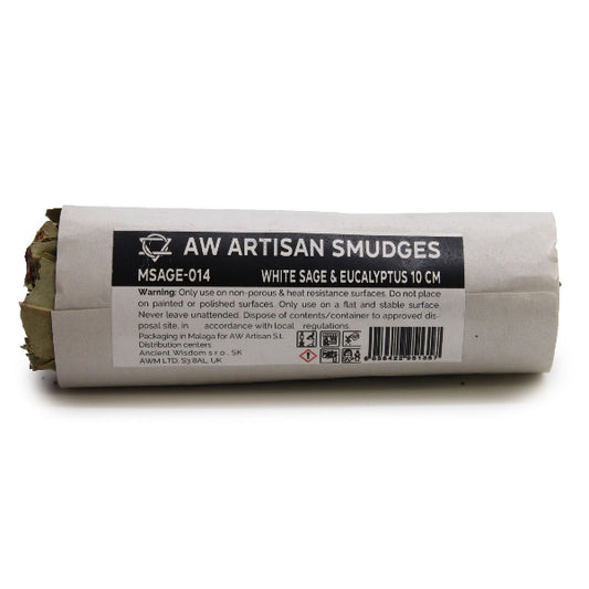 Roll of AW Artisan Smudges with white sage & eucalyptus on a white background