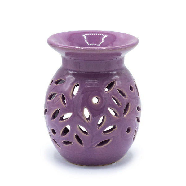 Purple ceramic oil burner with floral design on a white background